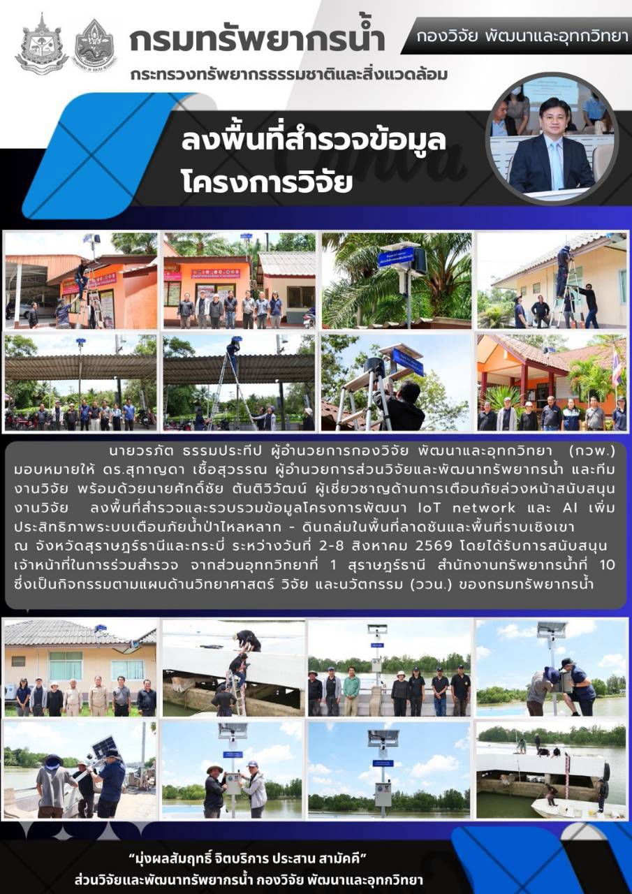 2 – 8 ส.ค. 2569 กรมทรัพยากรน้ำ กองวิจัย พัฒนาและอุทกวิทยา ลงพื้นที่สำรวจข้อมูลโครงการวิจัย ในพื้นที่จังหวัดสุราษฎร์ธานีและจังหวัดกระบี่